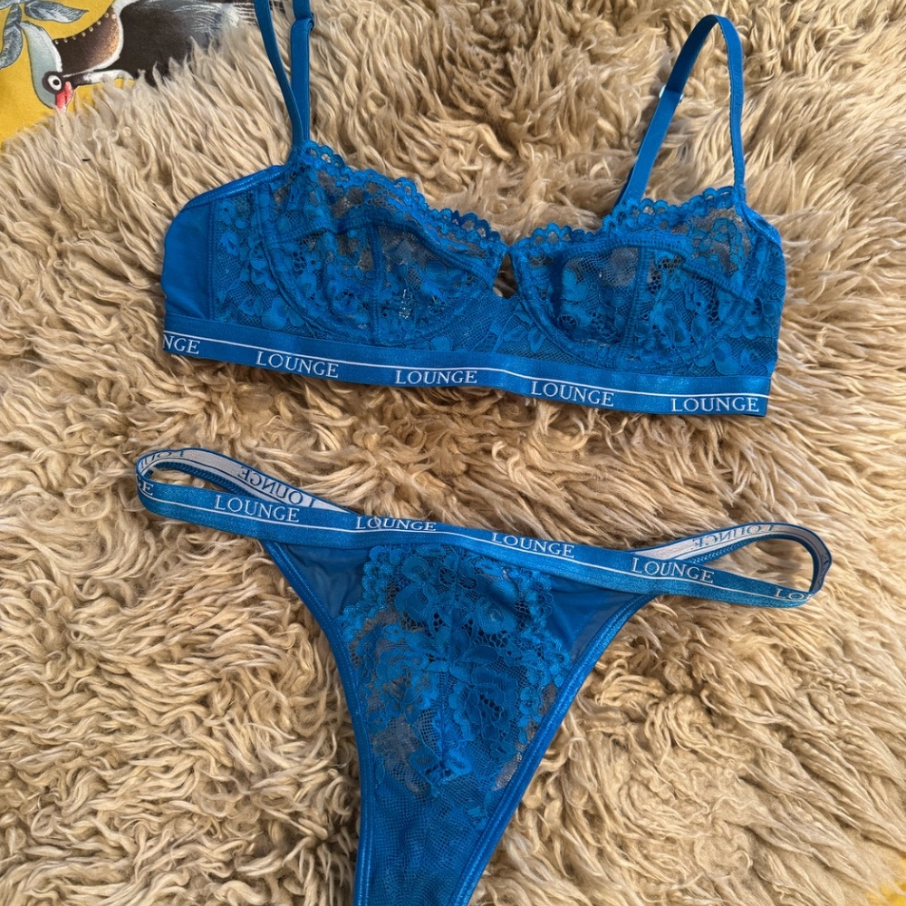 Lounge Underwear Balcony Blossom Bra Thong SET Cobalt Blue - Picture 2 of 3